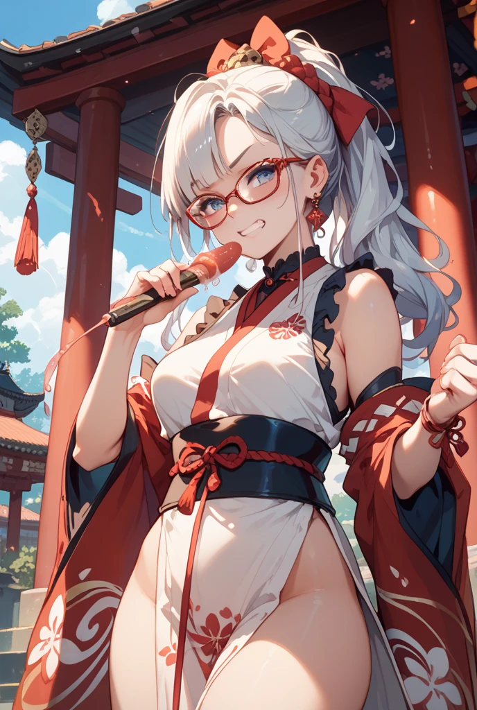 (masterpiece:1.4), (highest quality:1.3), (high resolution:1.2), Perfect Anatomy, Well-formed face,Accurate depiction,Precise depiction,Beautiful depiction,(Rui々Shishi Body:1.1), (Healthy Body:1.1),(Shiny Hair:1.2), Well-formed face, Glassesをかけた, Glasses, Face, Lewd smile, Large Breasts, Tight waist,Well-balanced body, Flexible legs, Flexible fingers, 1girl, 1 girl, Kaede Higuchi, Gray Hair, Ponytail, Clothes stuck with sweat, Erect nipples covered by clothes, With clothes on, (Oiran:1.2), kimono, kimono, 着衣Titty fuck, Titty fuck, Hold the penis between your breasts, Open your mouth wide, Sticking out tongue, Deep Throat, (girl trembling with sexual climax:1.3),kneel,slouch,Looking down, Upper Body, 