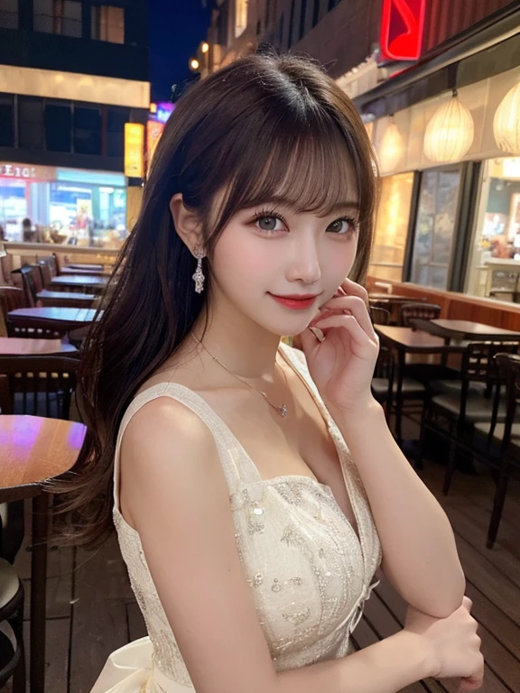 Highest quality, (beautiful)、fancy mini dresses、Soft oist eyes、night、Sit on the sofa、Off the shoulder、Larger breasts、Upper Body、smile、Shoot from above