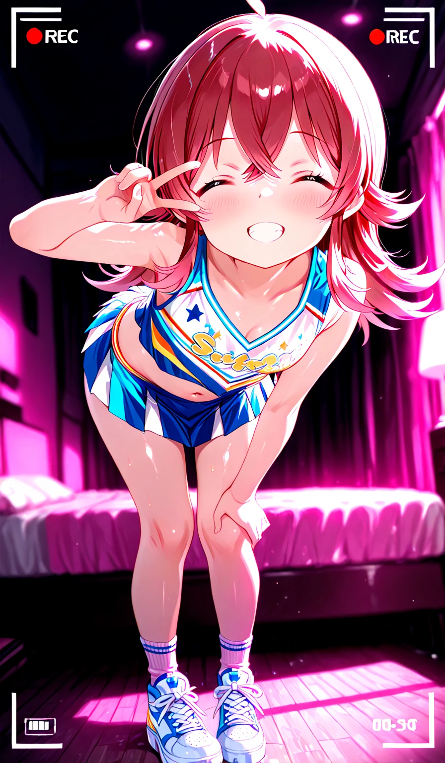 (perfect body),highest quality,16k,((((()))))、(((NSFW)))、Mating Press、sex、Bikinis aside、(((((blush))))),(:D)、(close your eyes)、embarrassing,(short hair), (((orange eyes))),((((pink hair)))),(Sweat),((())),((((wavy hair)))),Ahoge,Valletta,(white knee socks),((big ass)),((Cheerleader))、((Comes with a yellow pompom))、(((light blue striped bikini)))、(((open white shirt)))、(((yellow mini skirt)))、(((((panty shot)))))、(((((flat chest)))))、(((thick thighs)))、armpit、((raise your legs))、(((((he is short)))))、ground