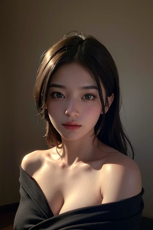 absurderes, 1girll,nakeness, star eye, Be red in the face, (Realistis:1.5), (tmasterpiece, the Extremely Detailed CG Unity 8K Wallpapers, best qualtiy, A high resolution:1.2), (ultra_detailed, UHD:1.2), (pix:1.3), lighting perfect, distinctive, (a beauty girl:1.2), looking at viewert, unreal-engine, Sideslit, s the perfect face, 详细的脸, beautidful eyes, Nice face, (Bright Skin:1.3), idoly, (Abs), ulzzang-6500-v1.1, softl smile, The upper part of the body, (dark red colored hair), (simplebackground), ((deep dark background)), (depth of fields), closeup cleavage, self-shot
