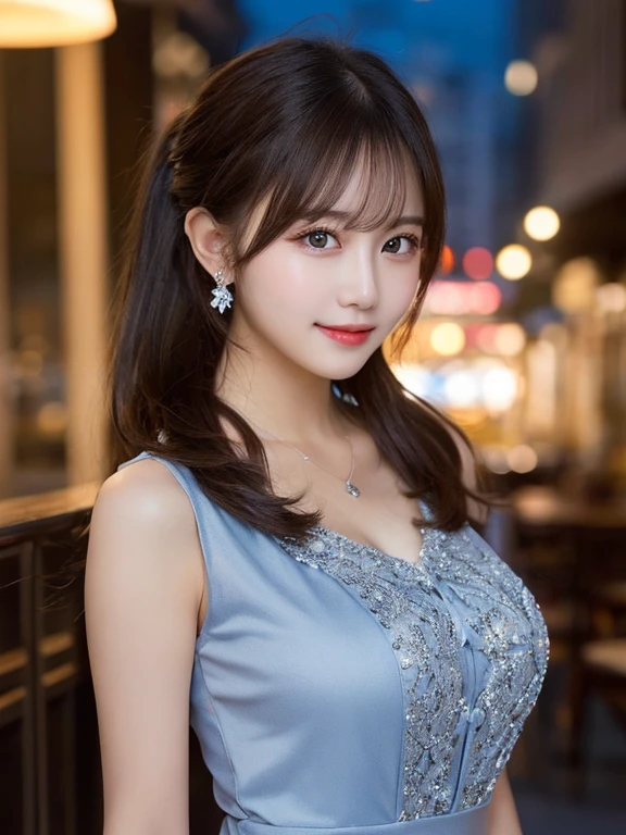 Tabletop, highest quality, figure, Super detailed, In detail, High resolution, 8k wallpaper, Perfect dynamic composition, Beautiful fine details, dress,Medium Hair, Big Breasts, Natural color lip, Random sexy poses,smile,Aoyama Street Walk、20-year-old girl、night