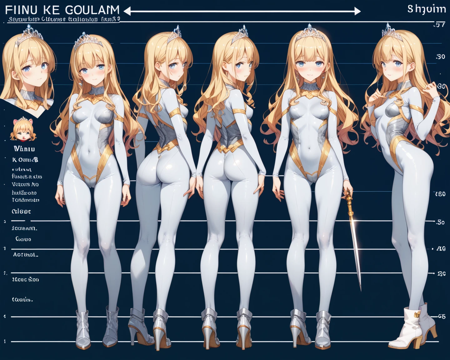 rose, blonde hair, long hair, drill hair, girl, solo, full body, from head to toe, standing, (Huge_Breasts:1.3), Character Design Sheet, character reference sheet, character turn around, slingshot swimsuit, frills,
