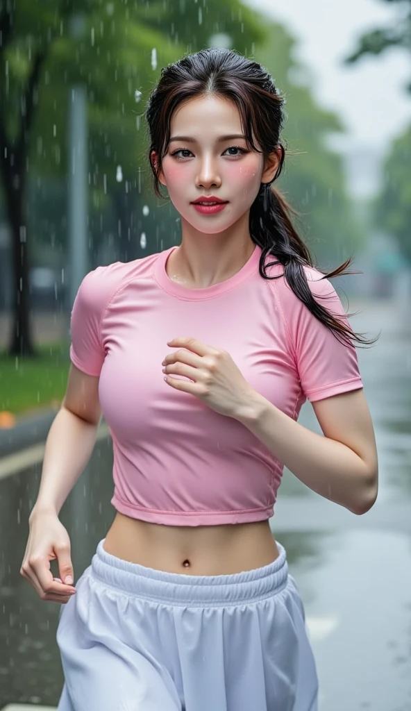 ((beatiful girl:1.3)) ((sports wearl:1.4)) ((kneeling:)) ((sweat:1.4)) , ((best quality,masterpiece,ultra high res)),(photorealistic:1.4),raw photo,(Authentic skin texture:1.3),(film grain:1.3),panorama,character portrait,very wide shot,narrow waist,cowboy shot,(in the dark, deep shadow, low key, cold light,) ,dust,Tyndall effect,(expression),,beautiful detailed eyes and face,brown eyes, ((full body:)) ((close up:)) ((flat stomach)) ((cleavage)) ((panty shot:1.2)) ((large breasts)) ((wet:1.3)) ((in the park)) ((wearing pink T-shirt and white shorts) ((1 bun hairstyle & perm,))