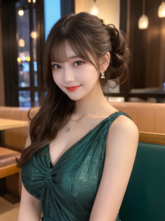 8K、Raw photography、(masuter piece:1.2)、(Photorealsitic:1.2)、(best qualtiy)、((Ruffled dress with light green leafy peduncle))、((adult lady))、((japanes、25-years old))、Light brown hair in one woman、((full body Esbian))、make - up、Smart body、A smile、Poses variadas、hyperdetailed face、A detailed eye、((No close-ups))、(dinner、Sitting at a table with a night view)