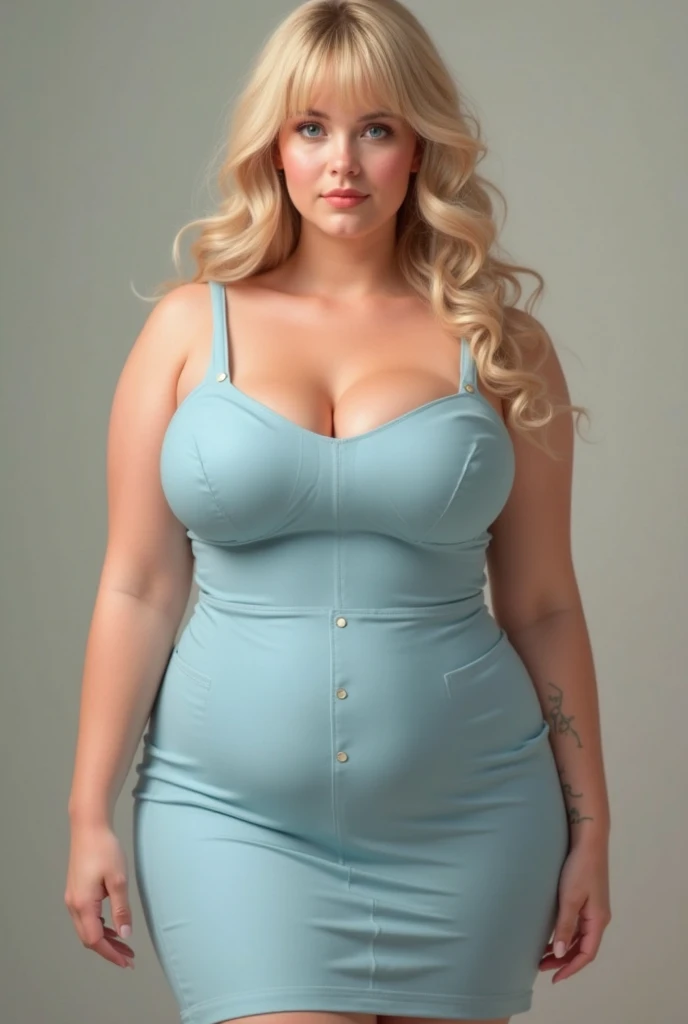 blonde araffe woman wearing a light blue lace-up dress, light blue lace up dress lots of straps, hyperrealistic full figure, she has a jiggly fat round belly, thicc, super realistic food picture, alluring plus sized model, beautiful thick female, fat woman, bbwchan, at the counter, eating cakes, about to consume you, obese ), her belly is fat and round, wearing a tight short cocktail dress with lots of strings, she is wearing a short tight cocktail dress with lots of straps, skimpy spaghetti strap cocktail dress that is very short with lots of straps and strings, the dress has straps across the chest, the dress has lots of strings across the chest