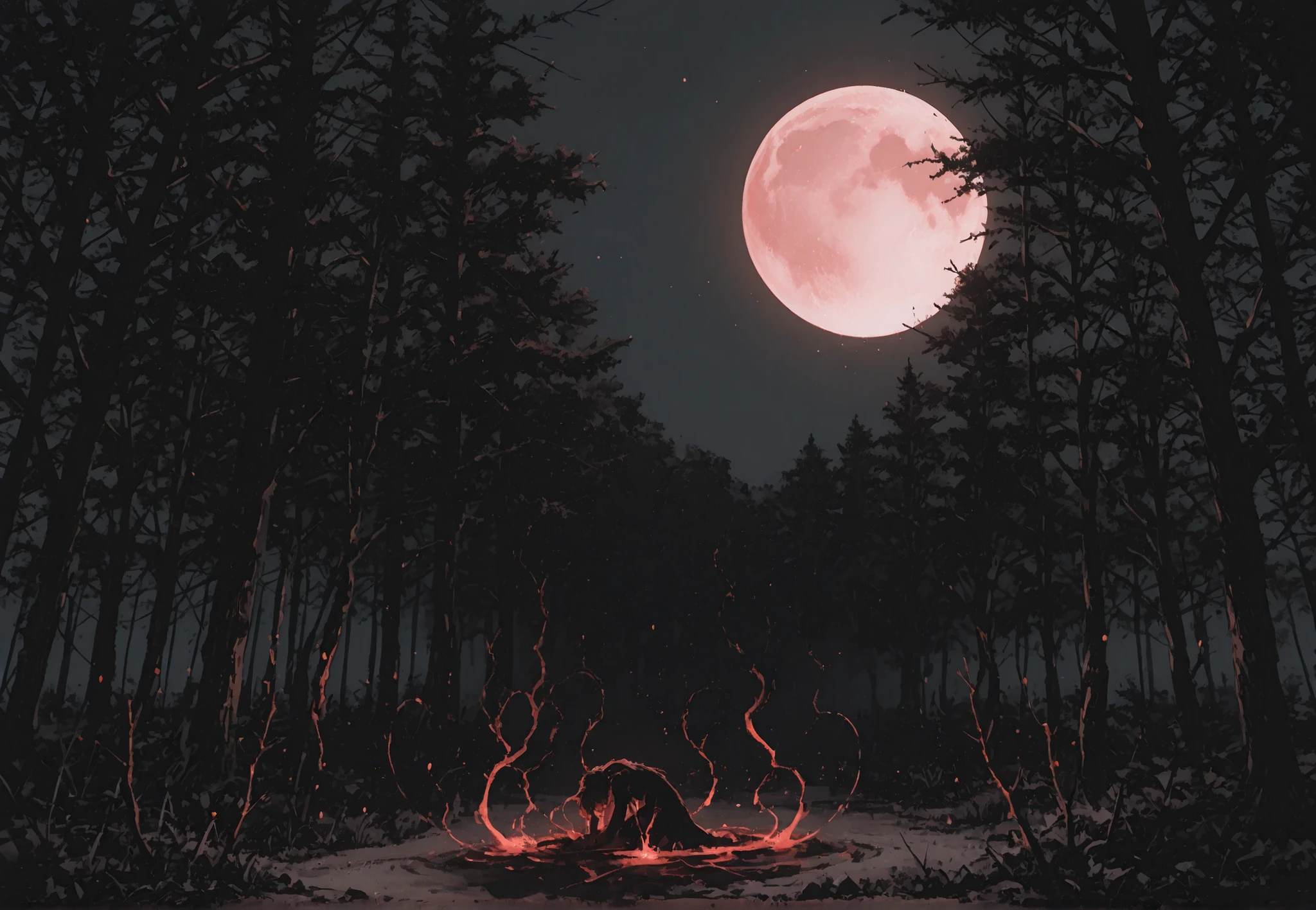 A vast and atmospheric background: a dense, shadowy forest stretches into the distance, filled with tall, dark trees. Through the gaps in the canopy, a small red full moon peeks through, casting an eerie red glow across the landscape. The forest exudes a haunting and fantastical aura, with mist weaving between the trunks and distant branches swaying gently in a mysterious wind. No characters or creatures are present—only the moody, immersive environment lit by the spectral moonlight.