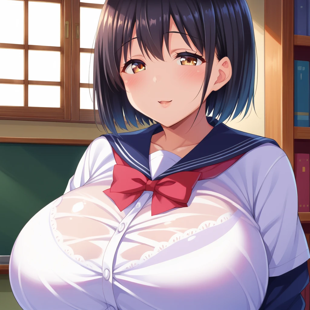 looking at viewer, (parted lips:1.2), 1 girl,((milf physique)), short hair, black hair, eyes, breasts, large breasts, eyes, smile, from front,(posing her body on bed),huge breast huge pelvis thick thighs,((Blush)),,((clear details High definition body parts perfect body parts )),(((blush lush blush nose blush blush face ))),(((wearing white tight ))),((school uniform:1.8))