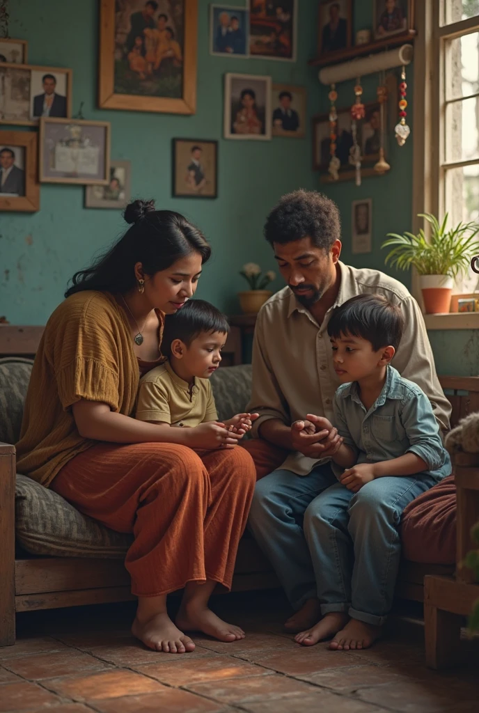 A middle-aged family in prayer with their two children in the living room of their house