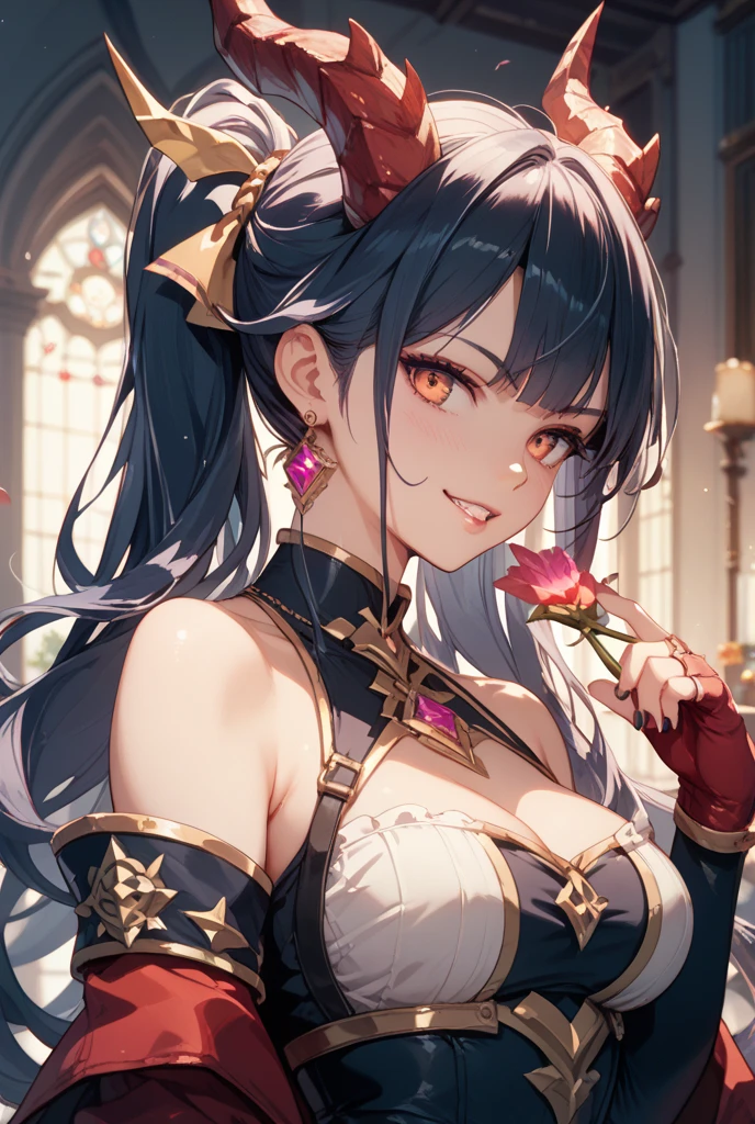 yor briar, anime style beutiful woman, 1girl, happy, smile, red face, closed mouth, beautiful detailed eyes, super detailed skin, backlighting, bare shoulders, black background, black dress, black gloves, black hair, breasts, dress, earrings, fingerless gloves, floating hair, floral print, flower, gloves, gold earrings, gold hairband, hair flower, hair ornament, hairband, holding, holding weapon, jewelry, large breasts, long hair, looking at viewer, off-shoulder dress, off shoulder,red eyes, short hair with long locks, sidelocks, solo, spikes, thighs, two-sided dress, two-sided fabric, weapon, fighting stance , face, close up, from above, highest quality, high resolution.