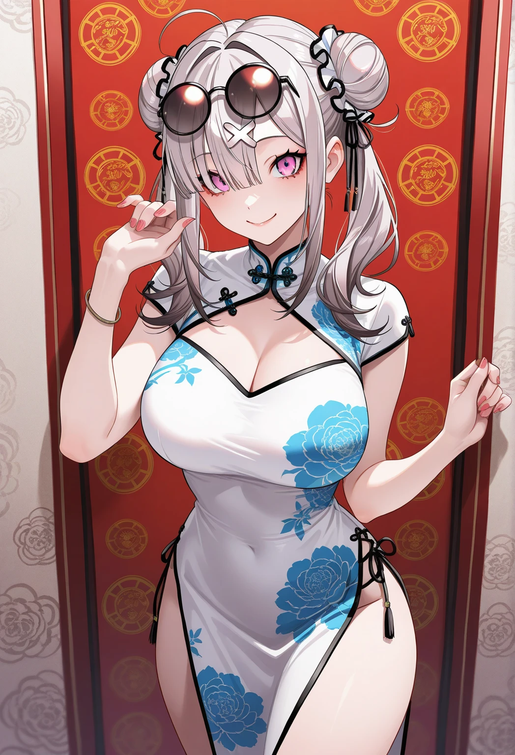 _asura style, 1girl, breasts, solo, cleavage_cutout, red_hair, hair_over_one_eye, virtual_youtuber, dress, black_hair, clothing_cutout, cleavage, large_breasts, holding, multicolored_hair, long_hair, thighs, looking_at_viewer, smile, china_dress, hair_bun, double_bun, bun_cover, white_dress, mahjong_tile, chinese_clothes, streaked_hair, mahjong, bare_shoulders, earrings, jewelry, ear_piercing, sitting, off_shoulder, tassel, bangs, piercing, blue_eyes, hand_up, closed_mouth, alternate_costume, sleeveless, bare_legs