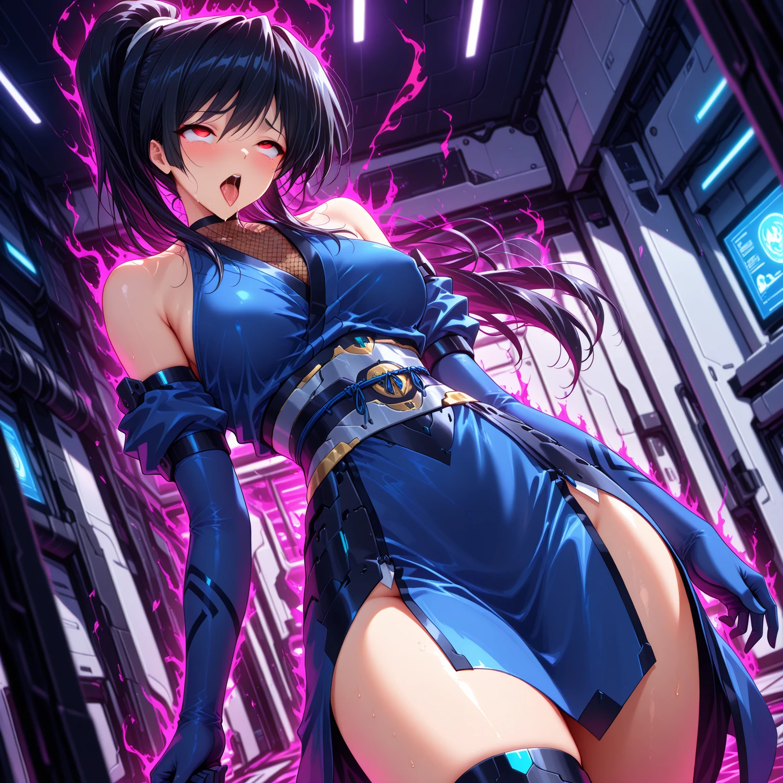 one girl, Raiden Genshin Impact , inflated, pumped up arms, pumped up legs, pumped up abs, very large breasts, very big ass, bulging vagina, wet vagina, excited, wants sex, reddened, Embarrassment, outdoor sportswear, Squatting, front view, neutral background