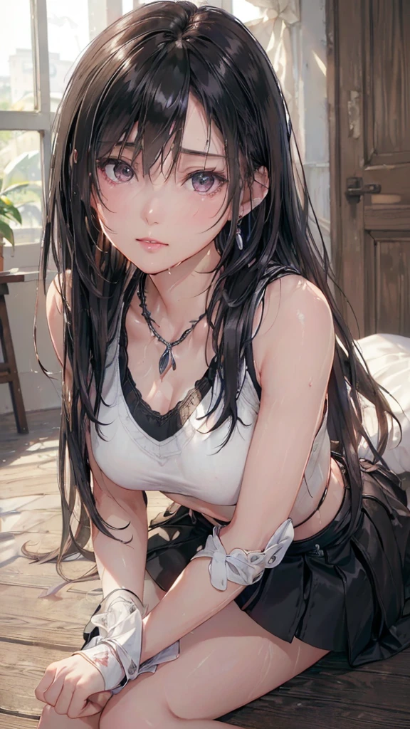 (masterpiece: 1.3), (Maximum resolution: 1.2), (Ultra High Definition TV: 1.2), Cinematic Light, 8k resolution, Detailed facial features , (Sharp focus: 1.2), (Focus on the face:1.2),Perfect Style, Beautiful Face, Acura, Anatomically correct, Two Arms、Tifa Lockhart, Highly detailed face and skin texture, Delicate and beautiful eyes, Glitter Eyeliner: 1 Natural Cheeks, Glowing Skin, Fair skin: 1.2, (Glossy Lips: 1.4),、 (Embarrassed look: 1.2),Highly detailed face and skin texture, The hair is very detailed.、Natural Cheeks, , Glossy Lips: 1.4,Perfect Style、Delicate depiction of hair、The whole body gets wet、Wet underwear、Cleavage、Soft Breasts、(Sperm in the breasts:1.4)(Sperm on thighs:1.4)、 blush、Glaring expression、A humiliating look、Anxious expression、A look of humiliation、Embarrassed look、anger、sorrow、tears、Open your knees、Spread your legs、White bra、Sparkly little earrings and necklace、Disheveled clothes、White panties、sweating、Black Stockings、 (1 girl), Red eyes, Black Hair, Long Hair, Professional Lighting, (Glowing Skin: 1.2), Shiny big, ((Highest quality)), Sharp focus: 1.2, Highly detailed face and skin texture, Detailed eyes, Perfect Face, Perfect body, Blur Art, CG, Big Background , in front (28 years old, 成熟したクールでBeautiful Face), wear (Black skirt with suspenders), Black elbow gloves, White tight shirt, thigh, White tank top),Old ruins、Abandoned house、On the bed、(On my back, ベッドにLying down, ベッドにLying downいる, Lying down, White sheets:)、