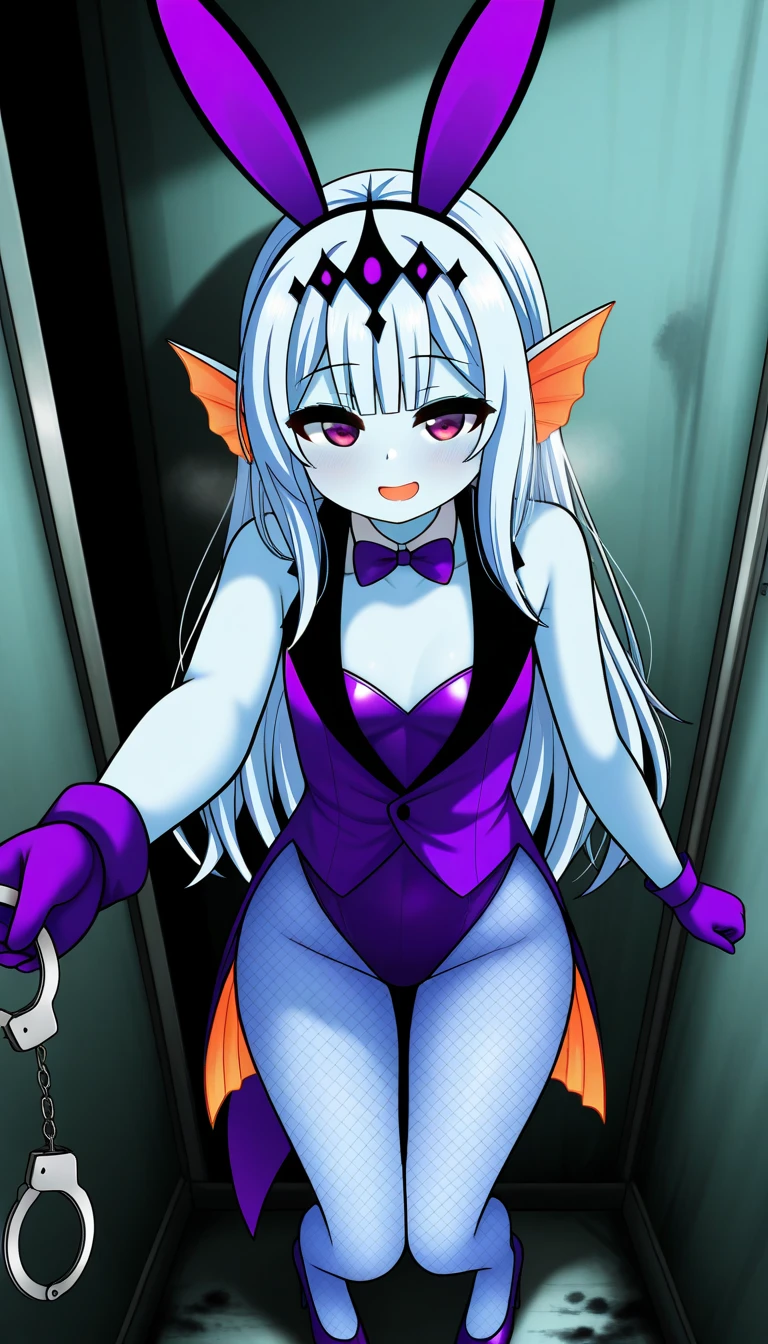 masterpiece, top-quality, 1girl in, (The upper part of the body:1.4)8K, high definition, married, beautiful, beautiful, bright, eye highlights, sexy, erotic, beautiful line drawing, light blue skin, blue and orange gradient ear fins, bunny girl, bunny suit, net tights on legs,