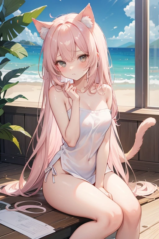 1girl, pink hair, yellow eyes, with cat ears, cat tail, wearing a plain white T-shirt, denim shorts, wet, at beach, golden sunlight, 8k, looking at viewer