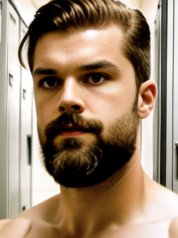 Masterpiece, amazing photography, very detailed, Two men pictured a thin man next to his sexy muscular 55-year-old teacher, white grey hair, together in the school locker room; old man grey white hair, man, is submissive, of short size, sexual tension, horny, erect bulge, without clothing, messy hair, brown skin, face, full body, body with hair on chest, thin and weak body, hairy only in lower part; on the other hand, the 55-year-old professor, muscular body, large pectorals, tall, dominant, without clothing very short and straight black hair, Caucasian or white skin, face, full body, lots and lots of hair on chest, small beard of a day, hairy in the lower part; highly detailed skin, skin pores, school clothing, sunny weather, steam, showers, 8k uhd, dslr, dim lighting, high quality, film grain