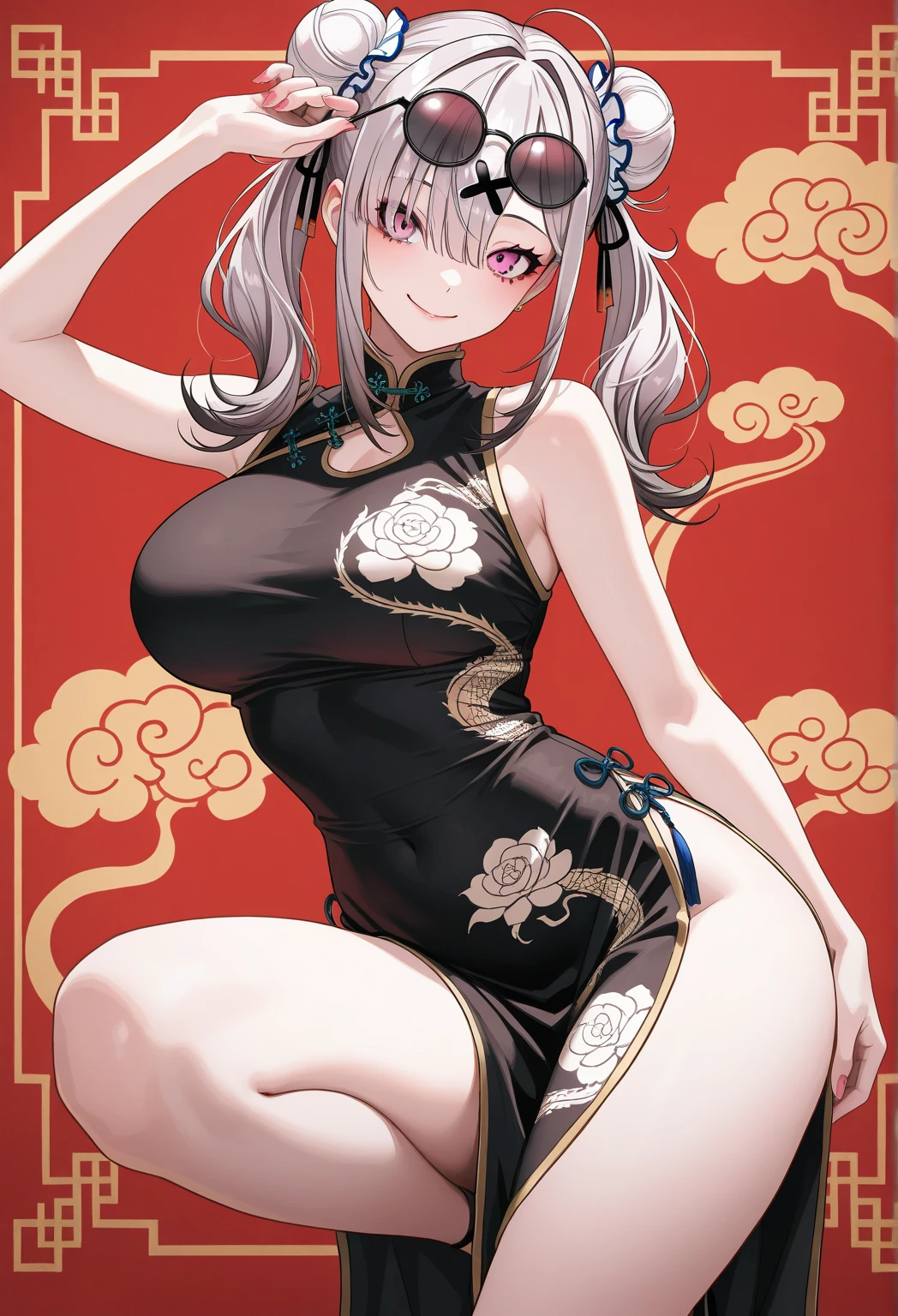 ((masutepiece, Best Quality, High resolution)),
1girl in, NSFW,Solo, Hand fan, Glasses, folding fan, underboob, gloves, Dress, Black Gloves, chinese clothes, qipao dress, holding fan, Looking at Viewer, Open mouth, Black Dress, Holding, flying sweatdrops, Grey Hair, Foldable fan, Bare shoulders, blush, Twin-tailed, alternate hairstyle, sideboob barbosa, Sleeveless, underboob cut out, thighs thighs thighs thighs, Cowboy Shot, sweat drop, Gradient background,are sheer