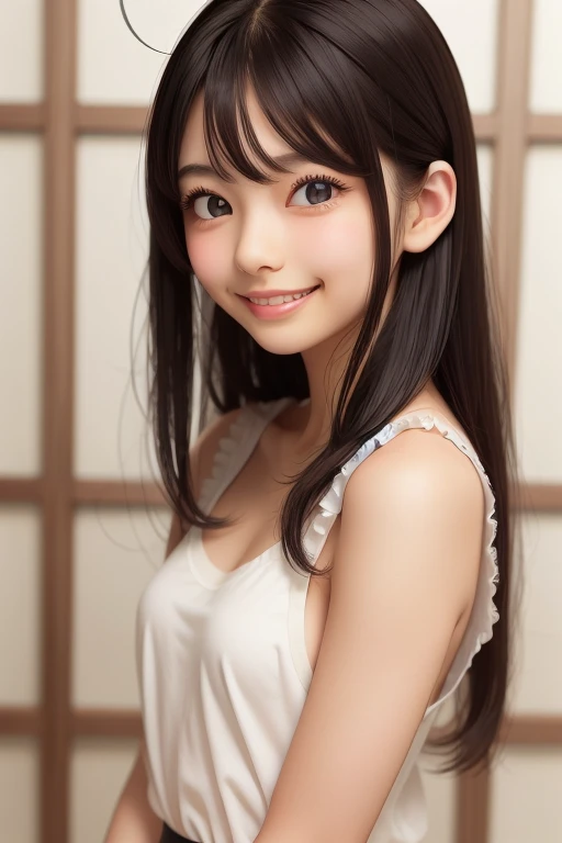 Best image quality, Focus, Soft light, Black hair, (Japanese)), (((Front, 15years old))), (Depth of field), Ultra high resolution, (Real: 1.4), RAW photo, ((裸エプロン)), smiling face