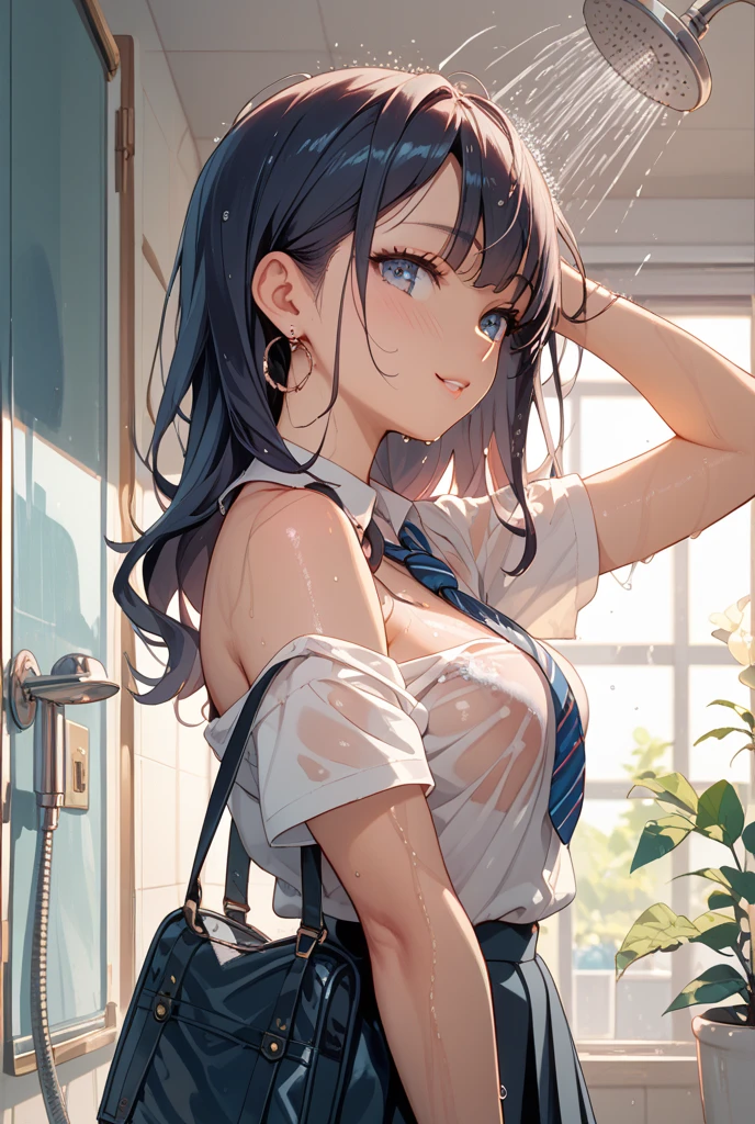 Behind the frosted glass, masterpiece, best quality, breasts_on_glass,1girl, fit body, wet semi-transparent clothes, sweat, breasts on windows, drop of water, breasts squeezed by glass,pleated skirt,shirt tucked in,tented shirt