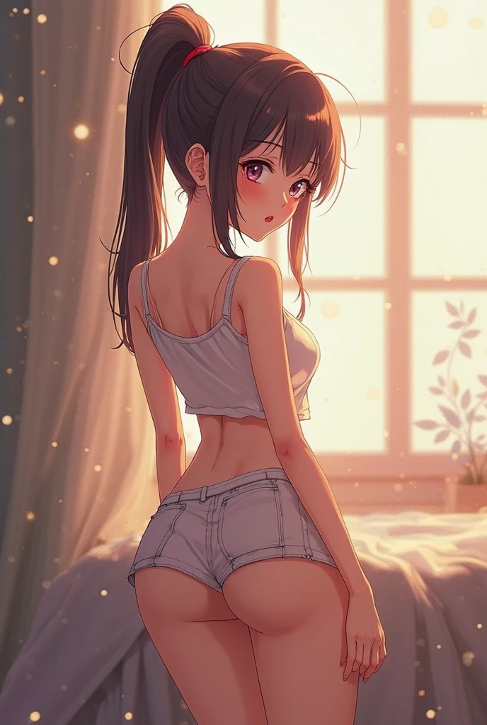 Highest quality、High resolution、Hmph、Pixel Perfect、1 girl、cute、Perfect body、Anatomically correct、Beautiful eyelashes, Realistic eyes、smile、((Clear pink heart print bra))、((Clear pink heart pattern panties))、Wearing only underwear、Smooth texture:0.75、A luxury hotel room、night、The gentle light of the room lamp、I can see your pants、I can see your bra、Overall dark、Cinematic Light、Black Hair、Brown eyes、Angle from behind、Turn your buttocks towards you、ponytail