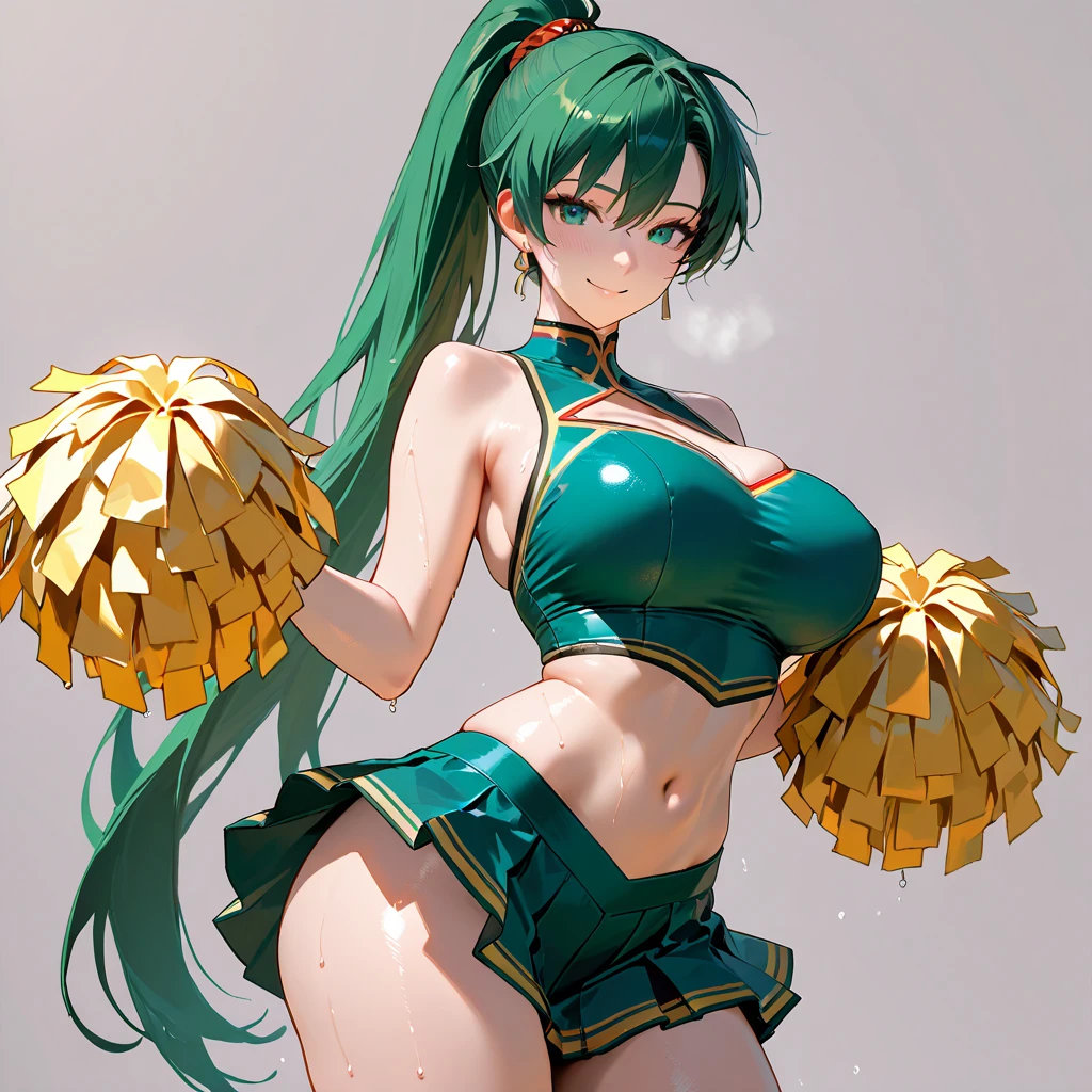 Cheerleader uniform, pom poms, huge breasts, cleavage, smile, black hair, green eyes, seductive eyes, detailed eyes and face, micro skirt, panty peak,