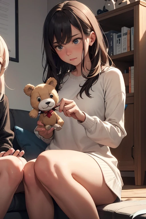 beautiful cute girl,((brown hair:1.2)),(Medium wave hair:1.1),(Starlight beige eyes:1.2),(cute bear:1.2),((lace:1.2)),(首を傾げる:1.3),((Happiness:1.1)),(sitting on the floor with one's legs tucked under to one side:1.15),close-up Face,((play room:1.0)).