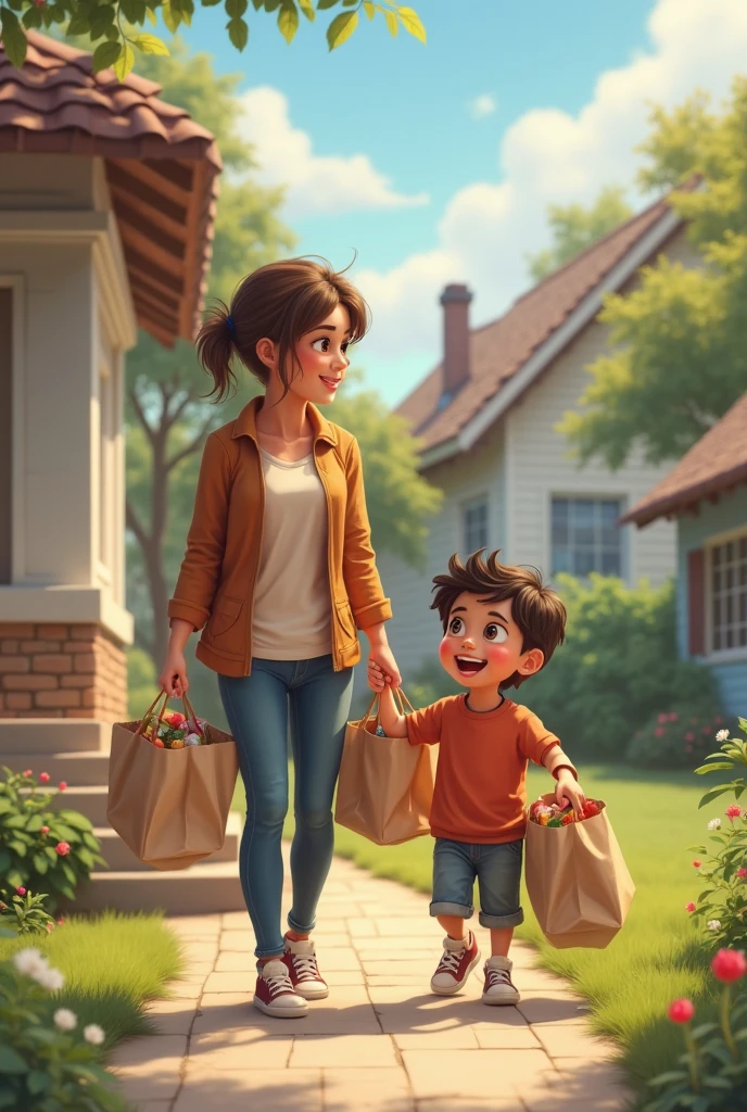 The mother and Max are walking side by side. The mother is slightly bent towards Max, perhaps smiling or speaking to him. Max is holding a small market bag or pointing at something interesting.