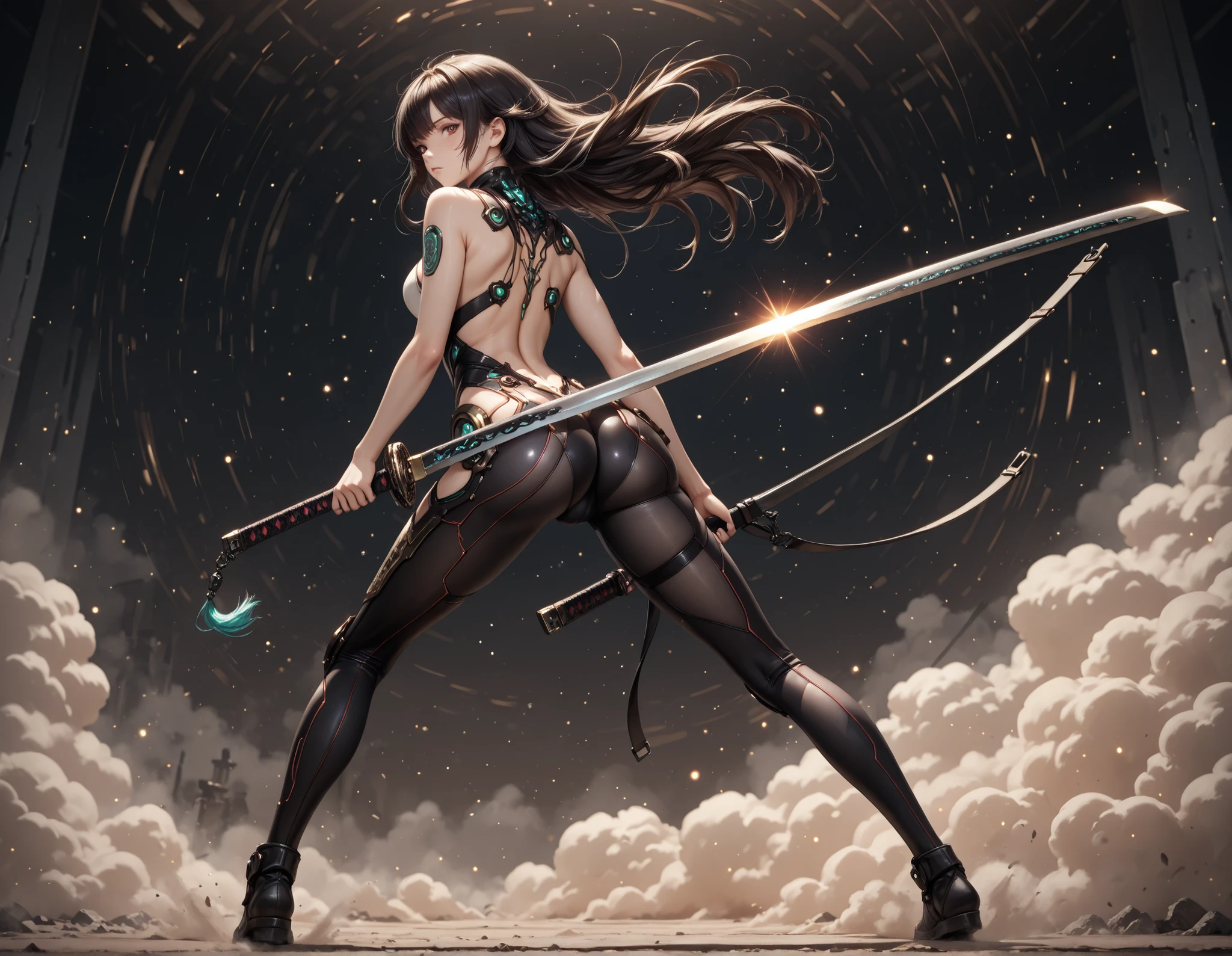 Eve character from the game called Stellar Blade in the middle of a post-apocalyptic scenario holding a huge katana sword (also called masamune), (with her back to the viewer), (full body), (hair moving in the wind), (light particles), (dust particles), (ray tracing), (detailed), (masterpiece)