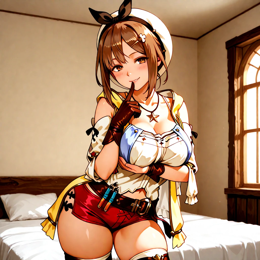 {{{masterpiece}}}, {{{best quality}}}, {{ultra-detailed}}, {illustration}, {{an extremely delicate and beautiful}}, 8k, nsfw, Reisalin Stout(Atelier Ryza), ryza, 1girl, solo, hat, white headwear, head ribbon, brown hair, hair ornament, hairclip, brown eyes, large breasts, plump thighs, BREAK, {{{1stDefault}}}, First Clothing, shorts, gloves, belt, jewelry, red shorts, thighhighs, short shorts, bridal legwear, necklace, single glove, star necklace, toeless footwear, leather, star (symbol), brown gloves, boots, short hair, thighs, leather belt, brown belt, leather gloves, jacket, blue belt, navel, thigh boots, sleeveless jacket, thigh pouch, white thighhighs, collarbone, yellow jacket, brown footwear, cleavage, thighs, zettai ryouiki, BREAK, NSFW, A man and a woman are having intense sex that drives them crazy, ((1man and 1woman,having sex)), (SEX:1.5), (reverse suspended congress:1.3), Rear cowgirl position, straddle the waist, hetero, face-to-face,{{soul kiss}}, orgasm, tongue out, {{{vaginal penis}}}, hetero, sex with men, nipples, large penis, veiny penis, testicles, from behind, open vagina, clitoris, spread vagina by both hands, crotch grab, nail, looking at viewer, spread legs, {{open vagina, spread pussy, pussy, clitoris glans, urethra, vaginal opening, labia minora, uterus, smooth pussy}}, taking off clothes, open clothes, Open shirt, open jacket, lift up jacket, breasts, nipples, lift up skirt, blush,open mouth,embarrassed,naughty expression, raise your legs, M-shaped spread your legs, on the bed, uncensored, Handsome young man, same direction, male body, man's lower body