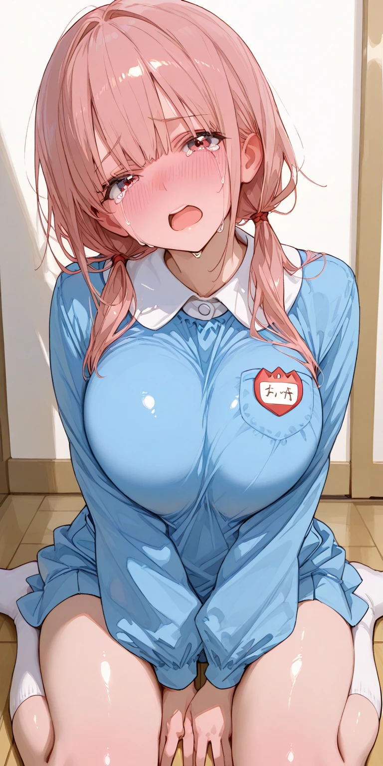 one girl, Sayori, DDLC, Doki Doki Literature Club , light blue eyes, my best friend, feel happy, I praise her, I cherish her, girl look at me, blush, lovely, lying on bed, my girlfriend, sex, spread legs