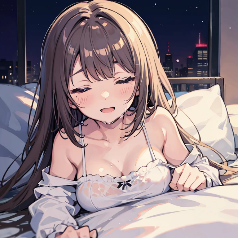 masterpiece, (best qulaity:1.3), 8K, wallpaper, depth of field, beautiful detailed eyes, (1girl, rio, red eyes, blunt bangs, long hair, black hair, (halo:1.2), breasts, pillow, lying, window, (night sky, city lights:1.2), (from side, on side:1.3), (cleavage:1.2), looking at viewer, light smile, serious, nipples, closed mouth, (blush), bed sheet, (completely nude, naked:1.2), curtains, on bed, indoors, (upper body, under blanket:1.3)) <lora:Rio:0.5>