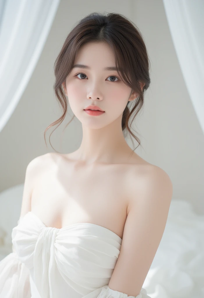 A beautiful Japanese girl is depicted in a vertical, ultra-realistic illustration. She has short, light-colored hair that frames her delicate face, with her eyes closed in a serene expression. She wears a thin, translucent dress with a subtle floral pattern, the fabric gently clinging to her form. The soft lighting highlights her smooth skin and the delicate textures of the dress, creating a dreamy, ethereal atmosphere.
The background is minimalistic and light, emphasizing the girl's calm and peaceful demeanor. The artist employs digital painting techniques to achieve high detail and realism, particularly in the rendering of her hair, skin, and the semi-transparent fabric of the dress. The use of soft gradients and subtle shadows enhances the sense of depth and realism, making the image both captivating and serene.