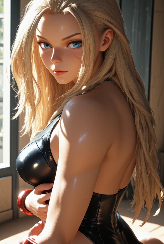 A sexy chav woman with bleach blonde hair and fake tan