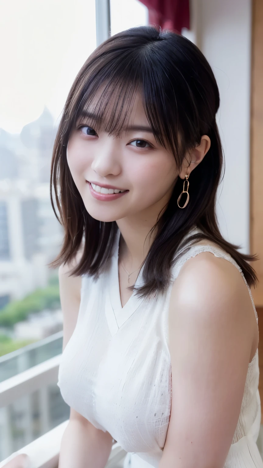 1 Japanese beauty , depth off field, first-person view, f/1.8, 135mm, Nikon, ultra high definition, retina, masterpiece, accurate, anatomically correct, textured skin,Very white skin、 clear skin 、 Super Detail, high detail, high quality, Best Quality, high definition, 1080P, high definition, 8k, (big boob:1.6),Japanese beauty 1 person,((((A glamorous woman with striking dark eyeshadow in rich plum shades, high-contrast studio lighting creating a moody effect))))、 (she has heterochromia, and her eyes are different colors, which makes her incredibly captivating)、(Drunken Blush Makeup)、round face、She is smiling very happily、she is smiling with squinty eyes、INSANELY BEST SMILE、she is smiling with her mouth open、Her front teeth are neatly arranged、(she has cute little vampire fangs)、(Braided Top Knot,twisted side part ponytail、Braided Headband,half up、Braided Space Bang,voluminous fishtail braid,Twisty Bang)、(She is wearing a Collared blouse with v-neck(white:1.5))、break、(She's wearing a see-through panties)、She is in an IT firm's office at sunset、break,She is sitting in a window seat、I can see a skyscraper city out the window