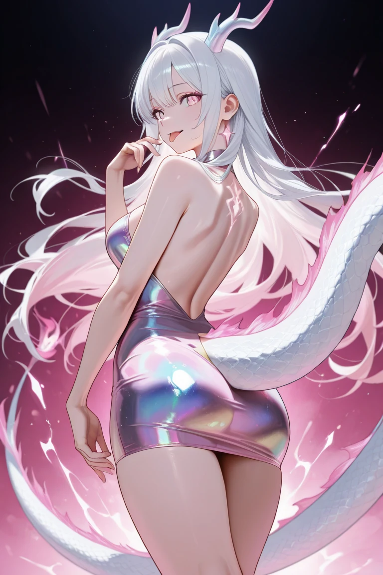 Silver hair, pink eyes, body, cat ears, sexy girl, earrings, pink background fantasy, long dress