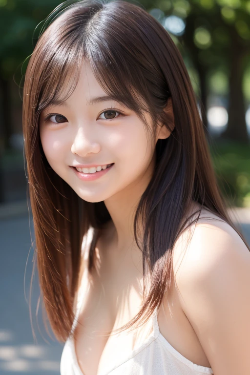 masterpiece, best quality, ultra high res, ultra detailed, sharp focus, 1girl, solo, a stunning pretty and beautiful Japanese sexy model, 19yo, looking at viewer:1.3, (bright smile:0.6), wearing a (blouse), dusk, sunset, night, realistic, slender, (standing:1.1), (looking at the viewer:1.3), sexy gaze, blush, asymmetrical bangs, light brown hair, ((naked:1.1、smile:1.1、short hair:1.5、Narrow waist、Thin thighs、Nipples protruding、Hands behind head))