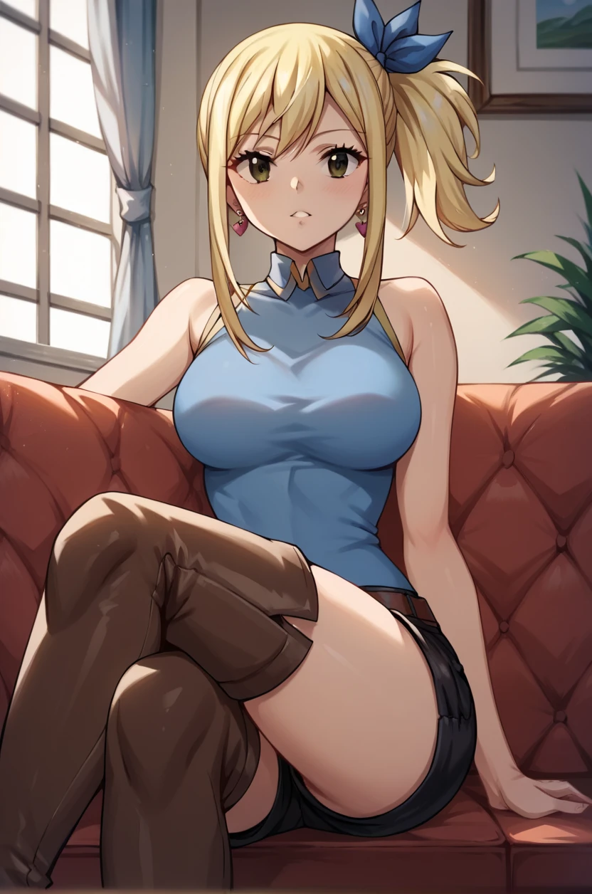 score_9, score_8_up, score_7_up, score_6_up, score_5_up, score_4_up, source_anime, 1girl , sit, chair, masterpiece, best quality, highres, lucy heartfilia, full body, smile, blonde hair, brown eyes, long hair, side ponytail, blue ribbon, large breasts, earrings, black dress, thighhigh boots, croosed legs, heels, sleeveless shirt, white skirt, dungeon, best quality, best res, 4K UHD,