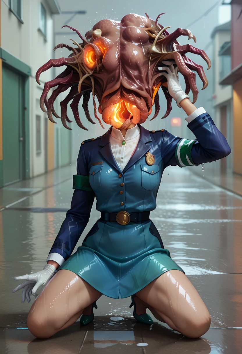 score_7_up, anime screencap,
1girl, solo, 
HarukaUniform, blue jacket, white shirt, red necktie, green armband, white gloves, pencil skirt, blue skirt, brown hose, long sleeves, shiny clothing, thigh gap, cowboy shot, high heels, glossy clothing, drenched, soaked through
outside, raining, soaked, wet, wet clothing, pinup pose, sexy,ter droplets, front side view, struggling, hands trying to pull parasite off head, hands reaching up to head, panicking, off balance, suffocating, 1 girl, neaparasite, neasex, glowing, monster, headless, doggystyetero sex, 1y, skirt pul up, ass out, anal sex, on ha and kneentercse, nsfw