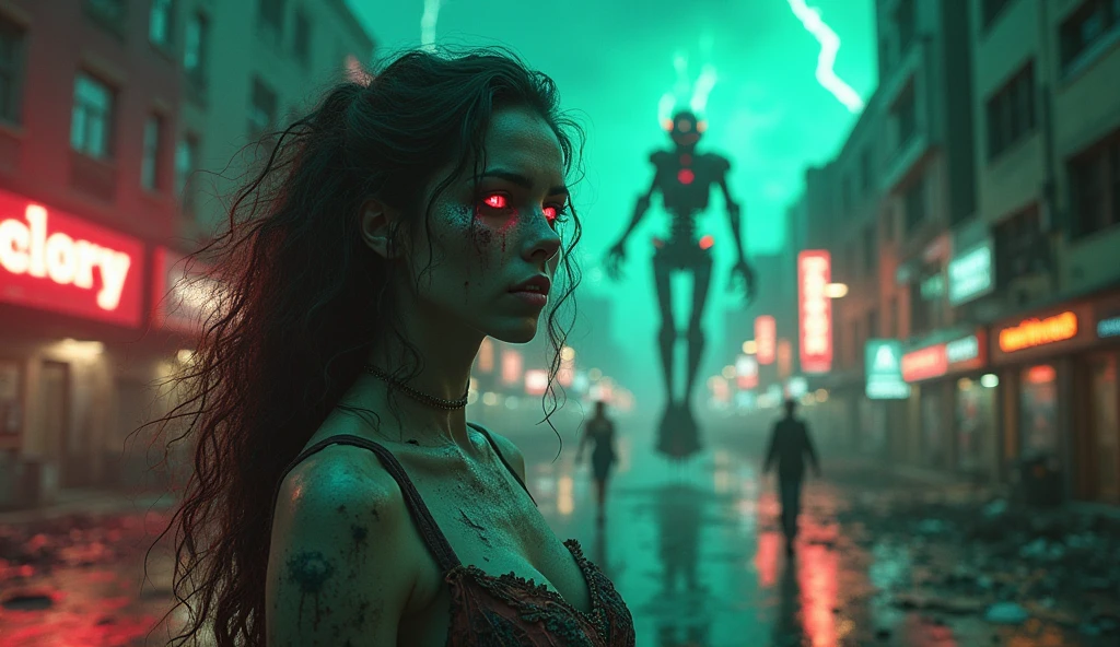 (Masterpiece. Uhd. Analog photography) A beautiful woman in her 20s, with an epic cleavage and a voluptuous figure,( red glowing eyes). (Red energy glowing hands) standing in a post-apocalyptic dystopian abandoned old west city in the wasteland at night, surrounded by glowing fog and neon lights, the Neon Queen of the Wasteland. Perfect hands. Perfect fingers. Sensual pose.1930 clunky rusty evil giant war robot (dead on the floor) in the background.