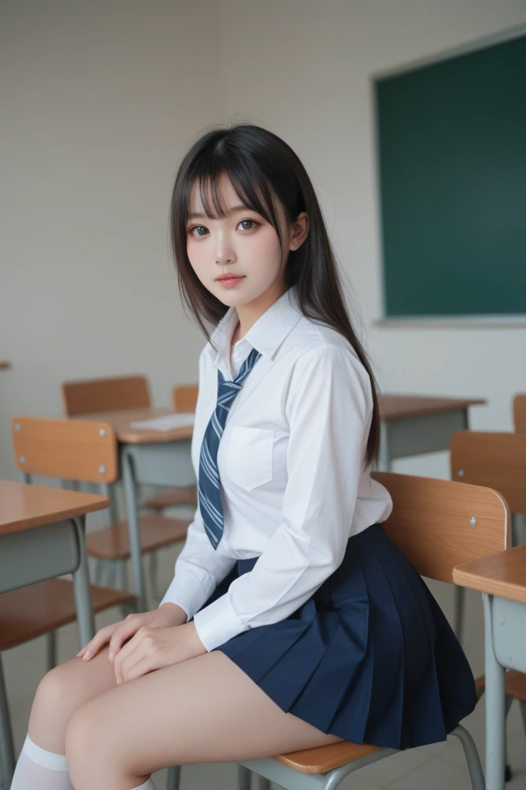there is a young woman sitting on the floor in a classroom, jaeyeon nam, a hyperrealistic schoolgirl, hyperrealistic schoolgirl, korean girl, realistic schoolgirl, sakimichan, student, gorgeous young korean woman, school girl, cute schoolgirl, beautiful south korean woman, heonhwa choe, jinyoung shin, ulzzang, wearing school uniform