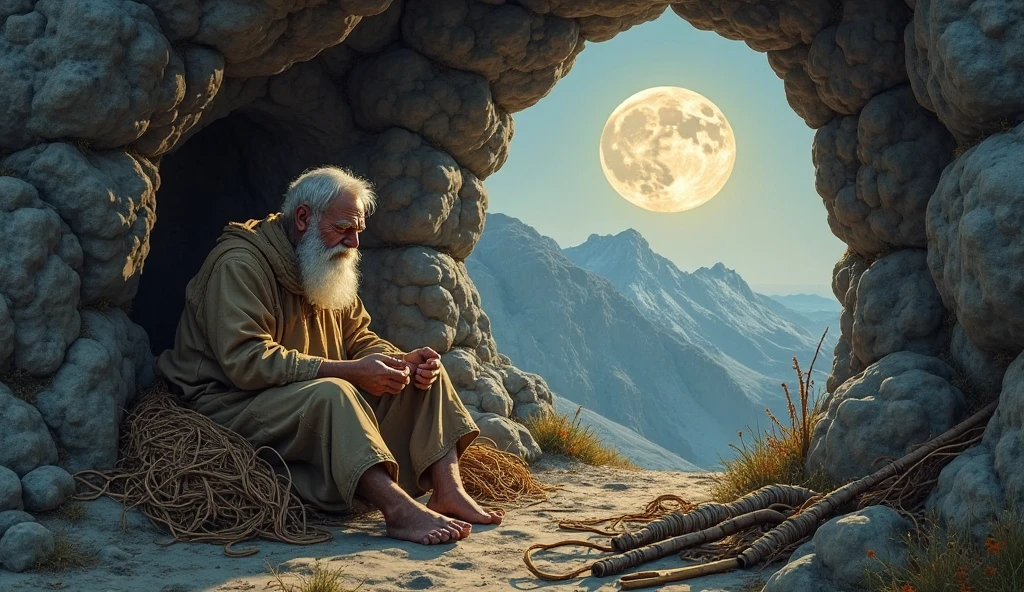 A realistic scene in a traditional style inspired by ancient folk stories with the moon appearing in a mountain village
A handsome blind man with a light beard sits at the entrance to a cave with his hands busy weaving a rope made of wood fibers . He wears a simple, rough woolen cloak, and some hand tools are scattered next to him.. 
