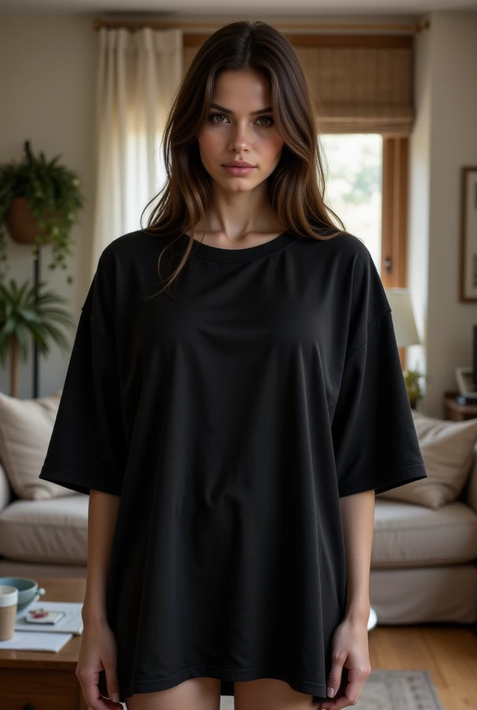 RAW photo, a close-up portrait photo, full body front view of 25 year old female, Deborah Ann Woll, (((wearing only a black plain men's T-shirt as a dress))), (((round shirt collar, crew neck))), (((wearing only men's plain black large T-shirt))), (((men's plain black large cotton T-shirt: 1.2))), (((short-sleeved T-shirt, men's large plain T-shirt))), (bare legs, leg showing , t-shirt covering legs), (((arm tattoos))), wavy red hair, short haircut, pale skin, slim and toned body, dream shot, dramatic pose, looking straight at camera, intense gaze, ((smile)), portrait, half body crop, half body shot, full body shot, ((from facing the camera, front view)), detailed skin texture, standing in the nightclub, (highly detailed skin: 1.2), 8k uhd, dslr, (((difuse uv light, ultraviolet purple lighting nightclub style, ultraviolet nightclub soft illumination))), (((front lighting with ultraviolet light))), high quality, film grain, Fujifilm XT3, (wallpaper 8k from extremely detailed CG unit), ((square jaw)), (well-defined jaw), (downturned lips), (detailed anatomy), hyper-realistic, trend in cgs society, intricate, high detail, sharp focus, Dramatic, Volumetric ultraviolet lighting, digital painting, intense, modelshoot style, (extremely detailed 8k wallpaper from CG unit), full body shot of the world's most beautiful artwork, pearlescent skin, Directed By: Jeremy Mann, trending on ArtStation , Photorealistic painting art by MidJourney
