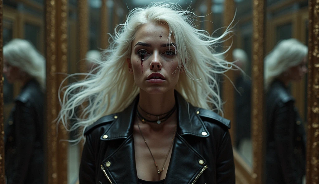 russian old milf woman, grey hair (straight, middle part) with very light blue eyes, extremely pale. Wearing  cropped black moto jacket (with side zippers and badges), undersized black and white lace push up bra with white seams , dark skinny (stone washed) dark grey jeans (with white seams) and pointy silver Chelsea boots with cuban heels . Lots of metallic bracelets and collars. Tacky wide studded leather belt (with oversized skull and bones huge buckle). Long bohemian earrings. Kneeling like in a payer, looking at the camera, humble facial expression. Hands on her knees, showing off bracelets and rings. studded black leather tote bag with chains on the floor, next to her..  Listening in amazement to somebody speaking to her with tilted head, well toned abdominals, thin neck, slim legs and thin arms. Tattoed heavily.  In a church: a snake around her neck as a collar