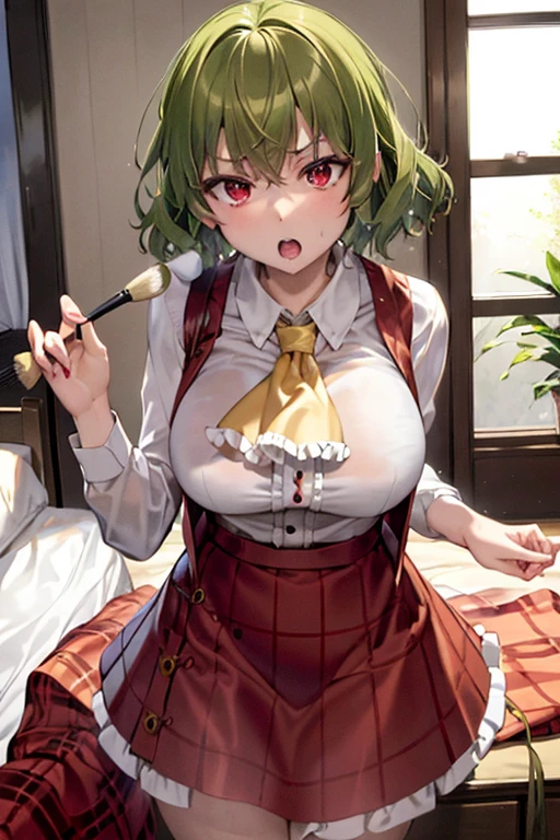 masterpiece、highest quality、Very detailed、Photograph the upper body、1 female、(Put your arms behind your back:1.2)、Are standing、Turn your body forward、View your viewers、(green Japanese kimono maid costume,apron)、break,blush、shy、Pink Hair、Open your mouth、Japanese Restaurant、Big Breasts、