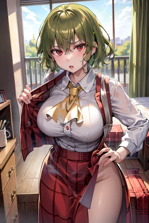 masutepiece, Best Quality, 1girl in, kazami yuuka, Green hair, Solo, ,  ascot,  Short hair, Red Eyes,  bedroom background、fullnude、Colossal tits、Strong face、red blush、enchanting posture