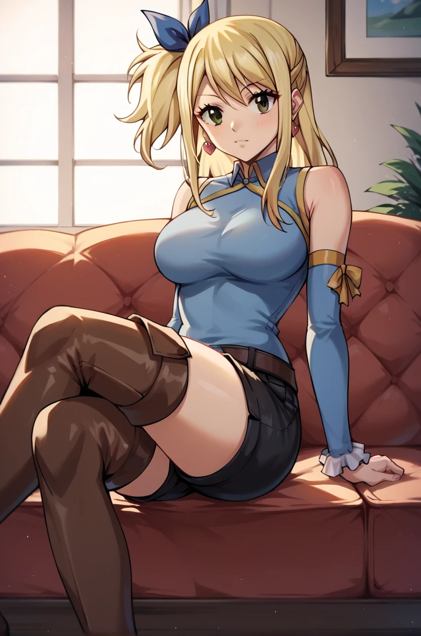 1 armored warrior, female, large breasts, medieval, blonde hair, medium hair, blue eyes, red lips, full body, sitting