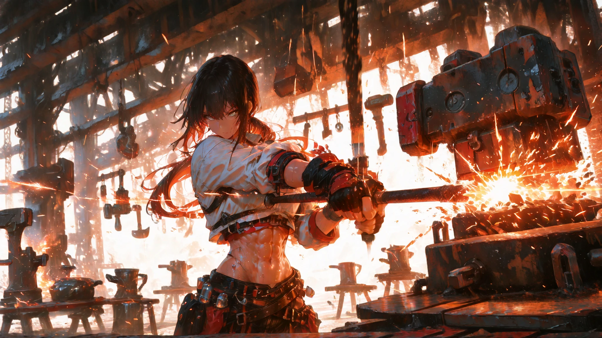 masterpiece, best quality, ultra-detailed, illustration, 1girl, solo, shiny, reflective, latex, work suit, voluptuous, body, squatting, detailed, work shoes, messy, workshop, industrial, high heels, black, red, silver, metallic, gloves, goggles, protective, equipment, machinery, tools, sparks, dirt, grime, oil, stains, sweat, exhaust, pipes, gauges, dials, buttons, levers, cables, wires, hydraulic, systems, hydraulic press, crane, pulley, welding, torch, grinder, drill, saw, hammer, screwdriver, wrench, pliers, spanner, toolbox, fire extinguisher, first aid kit, ventilation, ducts, light fixtures, emergency exit, warning signs, caution tape, posters, calendar, coffee mug, dirty, workbench, storage, shelves, bins, lockers, hard hat, safety vest, ear muffs, face shield, respirator, smoke, fumes, debris, concrete floor, concrete walls, metal beams, rivets, bolts, screws, nuts, washers, chains, ropes, hooks, clamps, magnets, bearings, lubricants, fluids, solvents, adhesives, lubrication, maintenance, repair, overhaul, upgrade, installation, assembly, fabrication, customization, prototype, research, development, testing, quality control, inspection, certification, compliance, regulation, standard, efficiency, productivity, innovation, excellence, satisfaction, teamwork, dedication, professionalism, empowerment, diversity, equality, respect, safety culture, industrial fashion, sci-fi, cyberpunk, dystopian