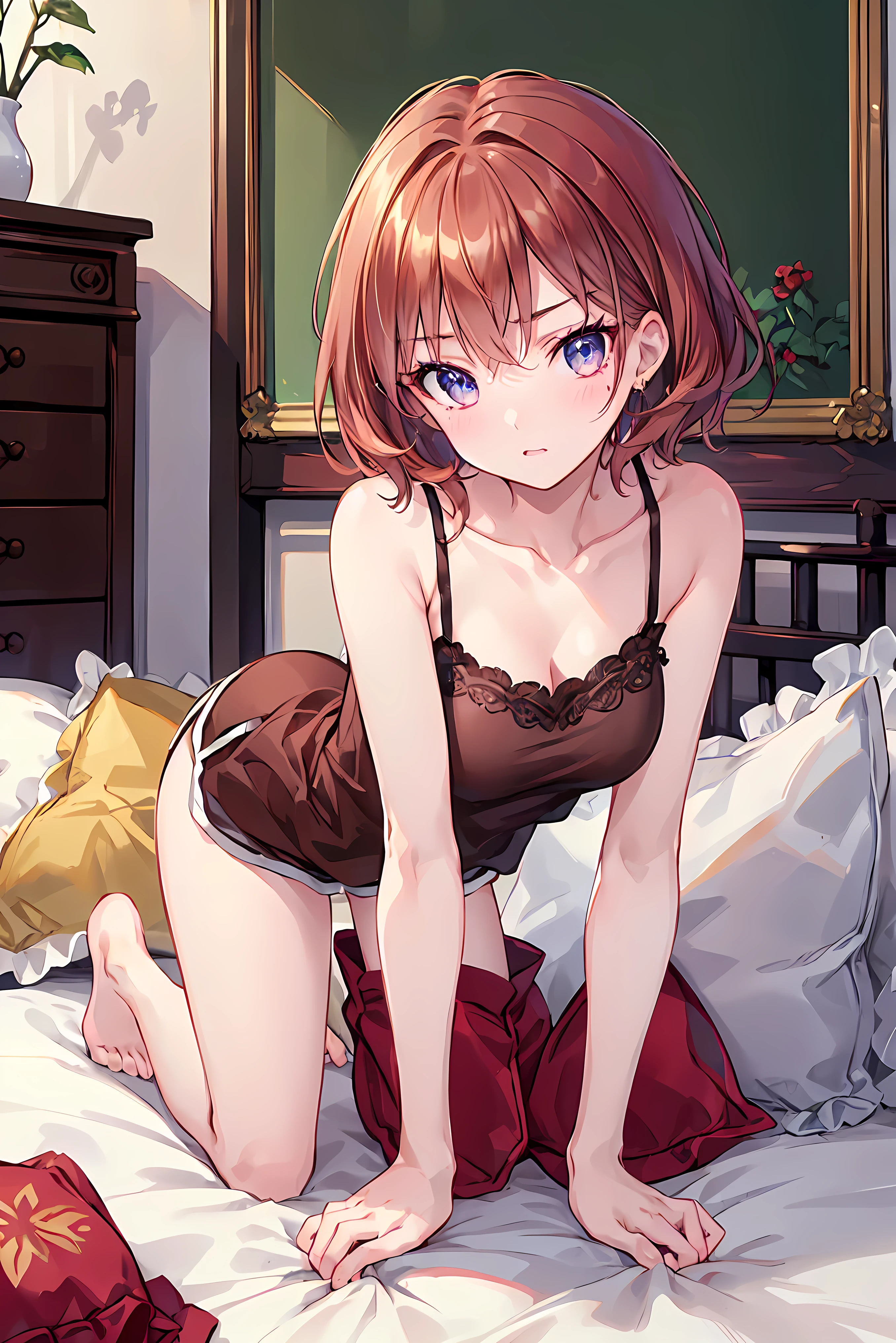 (wearing black Frilly babydoll and matching shorts), large breasts,
(shy, bushful:1.3), looking at viewer,
(masterpiece, best quality, detailed:1.3), light watercolor,
a girl, bob, center part, forehead, brown hair, Earrings,
BREAK (indoor, bed room),