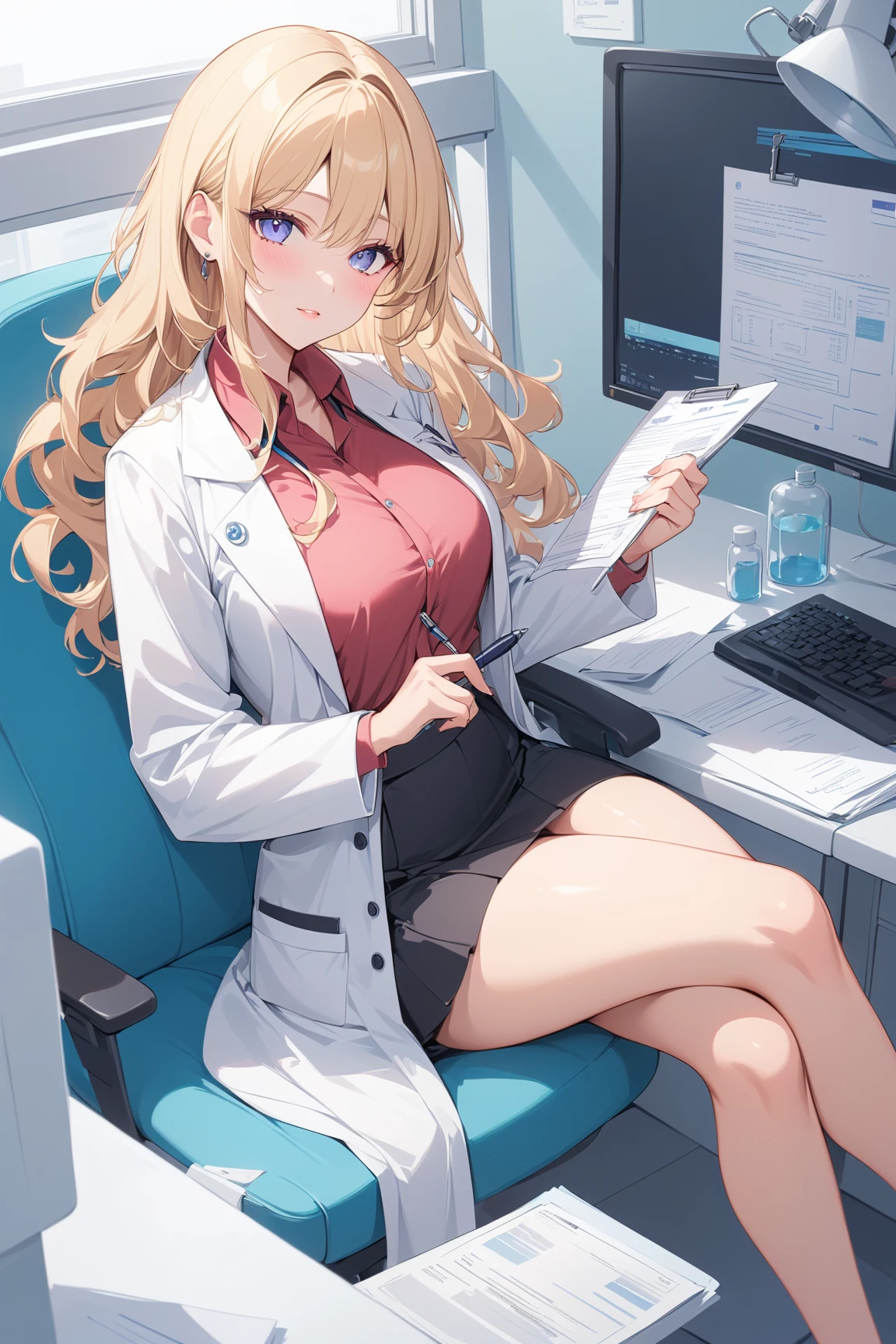 big breasts、necklace、The chest is visible、V-neck shirt、white clothes、female doctor、Stethoscope、Beauty、handsome face、shy look、serious