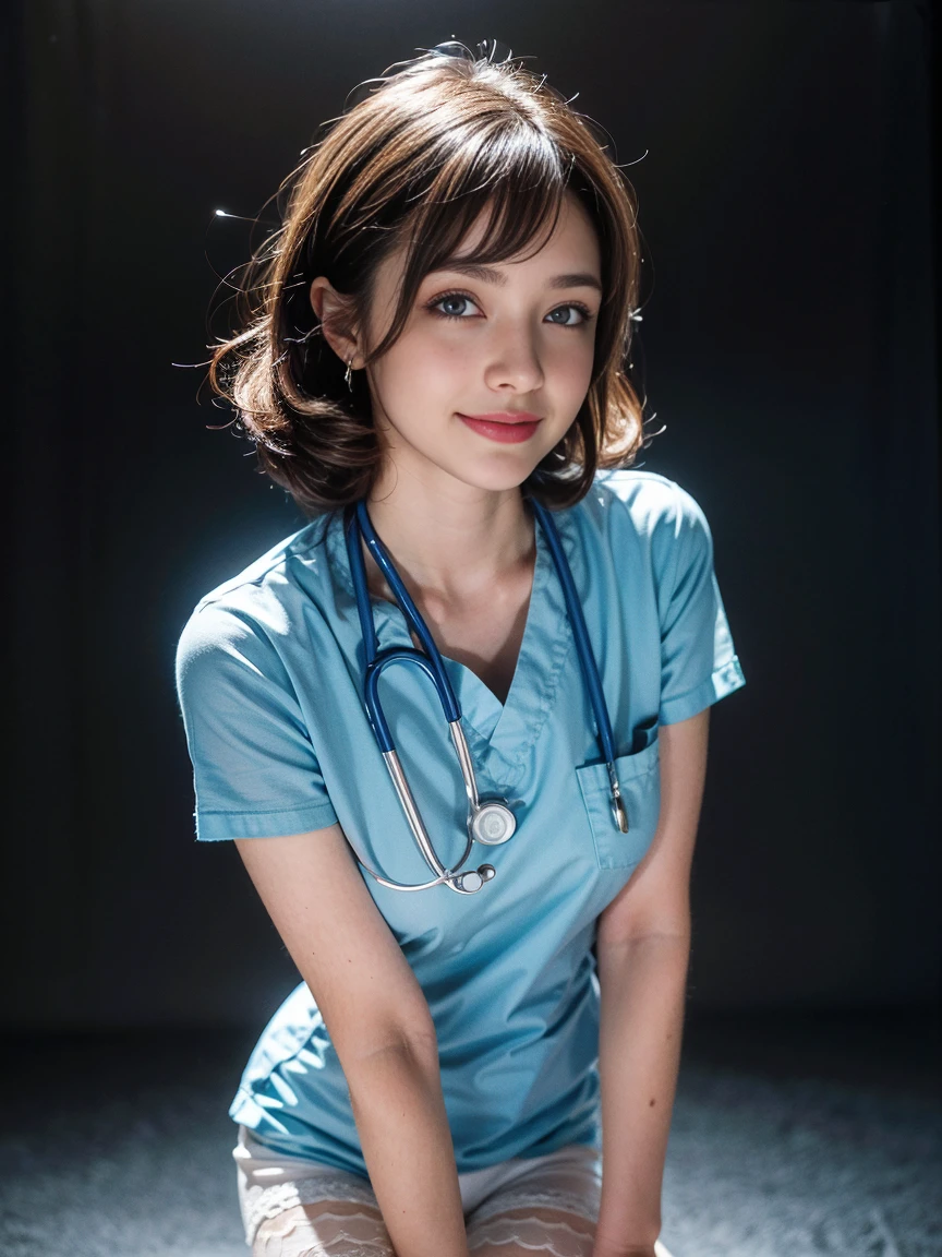 (Doctor Gown:1.5), Light Brown Fringe Shorthair, Light Brown Eyes, 1 Girl, 20 Years Old, Innocence, (Photorealistic), (Complex Details:1.2),(Masterpiece, :1.3),(Best Quality:1.4), (Ultra High Definition:1.2), Ultra Definition, (Detailed Eyes), (Detailed Facial Features), HDR, 8k Resolution, (Lens Flare:0.7), Looking Back, Busy with inspection reports, face viewer and workcation in the woods
