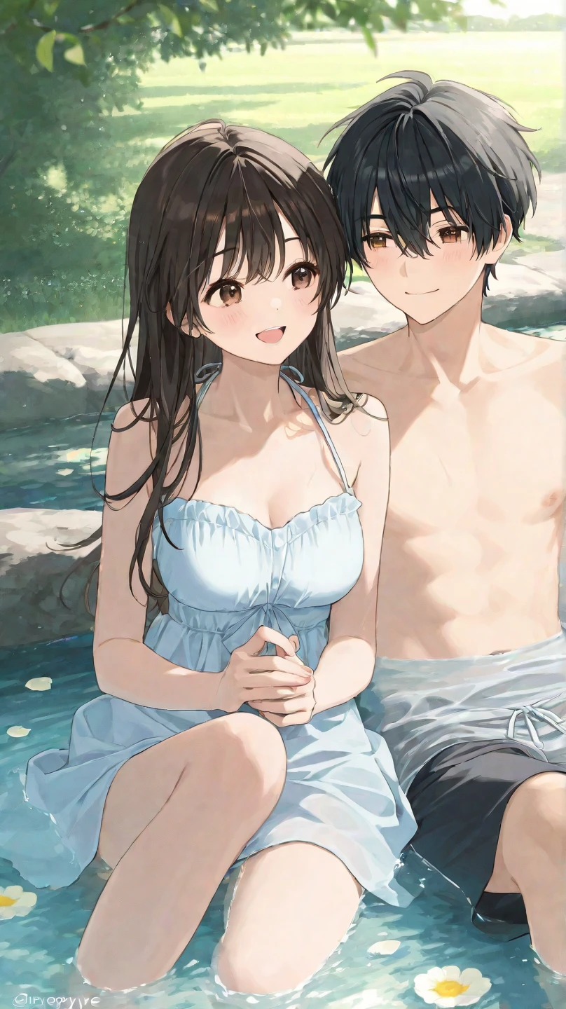 A young couple wearing no garments lays in a beautiful forest. They are dripping and wet. The girl has a perfect body, small breasts, large thighs, and large butt. The boy has a large erection along with perfect abs. They are both wearing nothing and are sexually aroused.